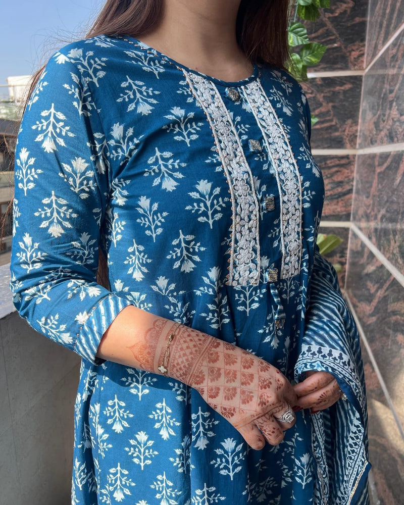 Blue Floral Handblock Suit With Dupatta