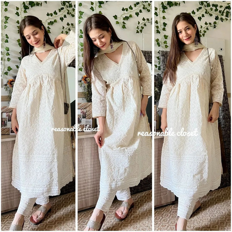 Beautiful off white Nayra Cut Kurti With Pant and Dupatta