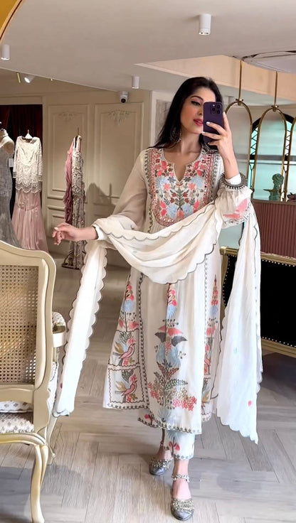 White Floral Georgette Suit With Dupatta