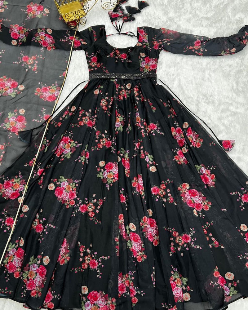 Black Floral Anarkali suit With Dupatta