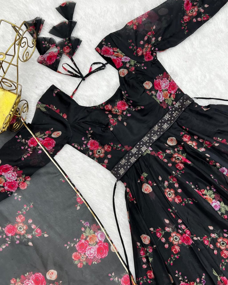 Black Floral Anarkali suit With Dupatta