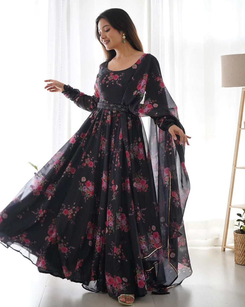 Black Floral Anarkali suit With Dupatta