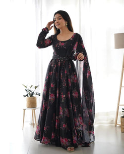 Black Floral Anarkali suit With Dupatta