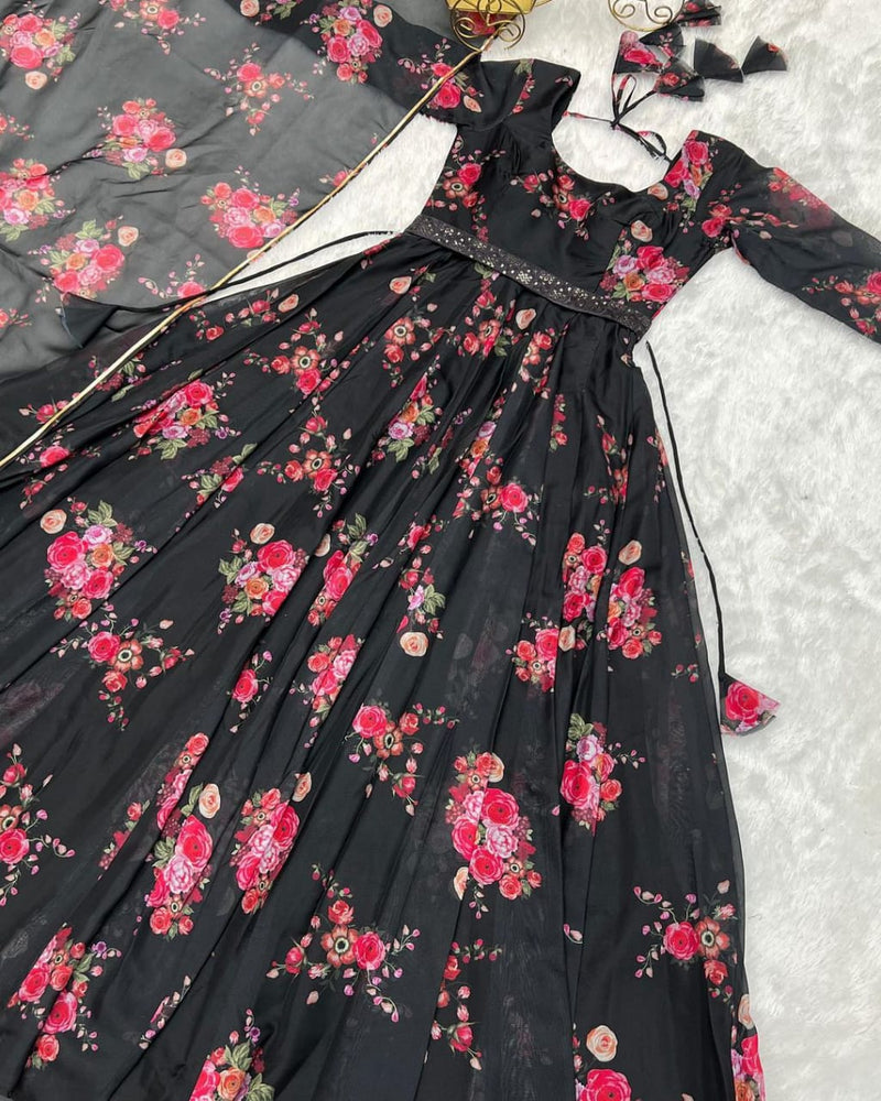 Black Floral Anarkali suit With Dupatta