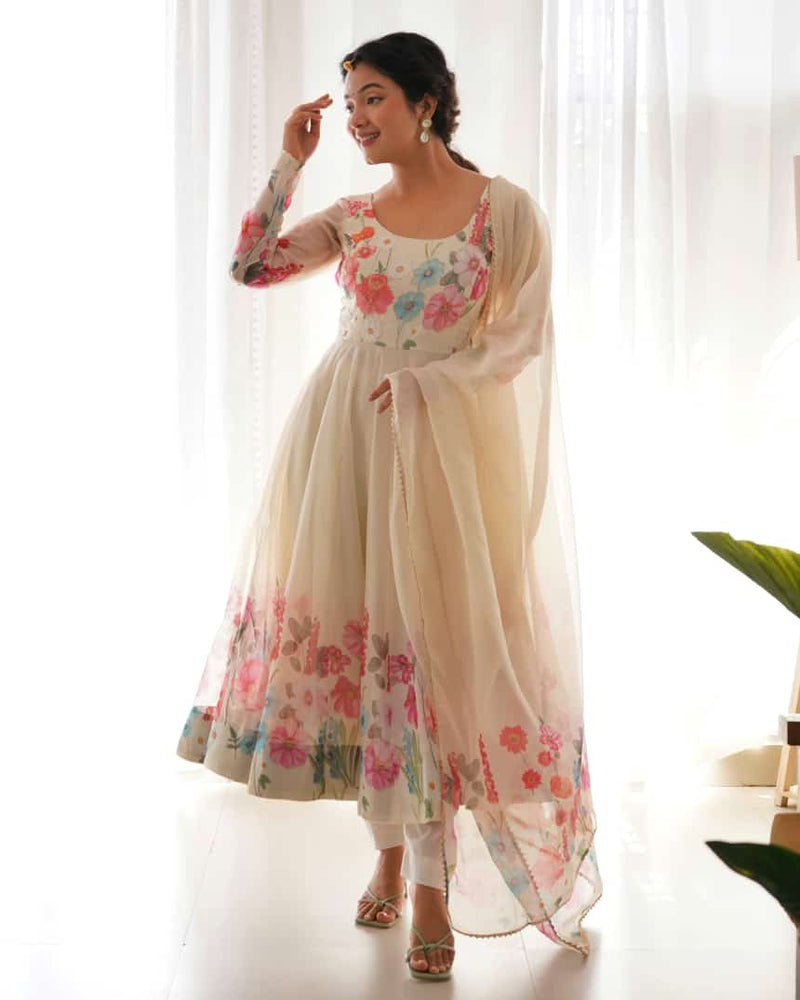 White Floral Anarkali suit With Dupatta