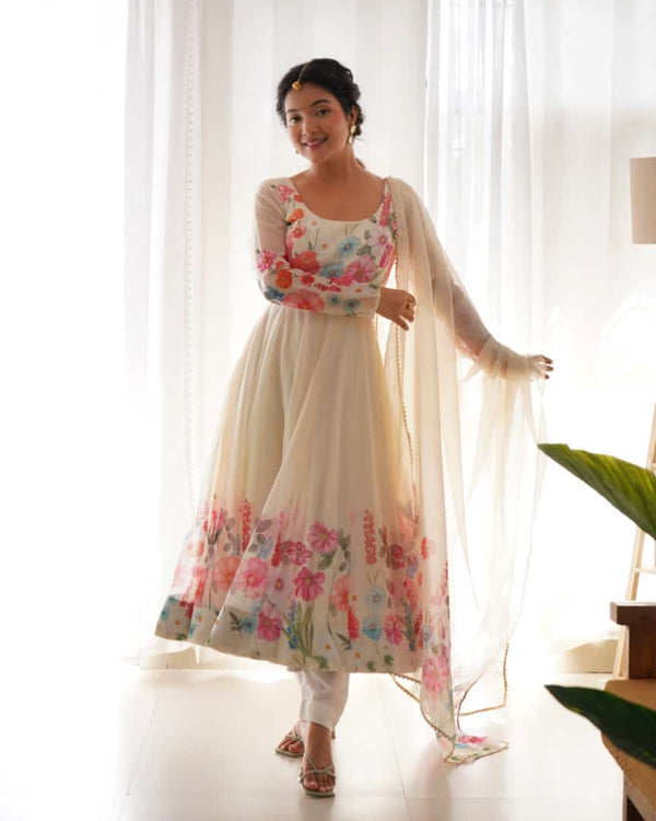 White Floral Anarkali suit With Dupatta