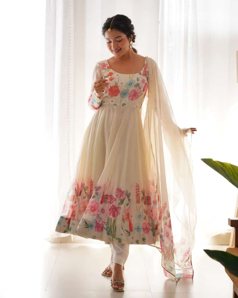 White Floral Anarkali suit With Dupatta