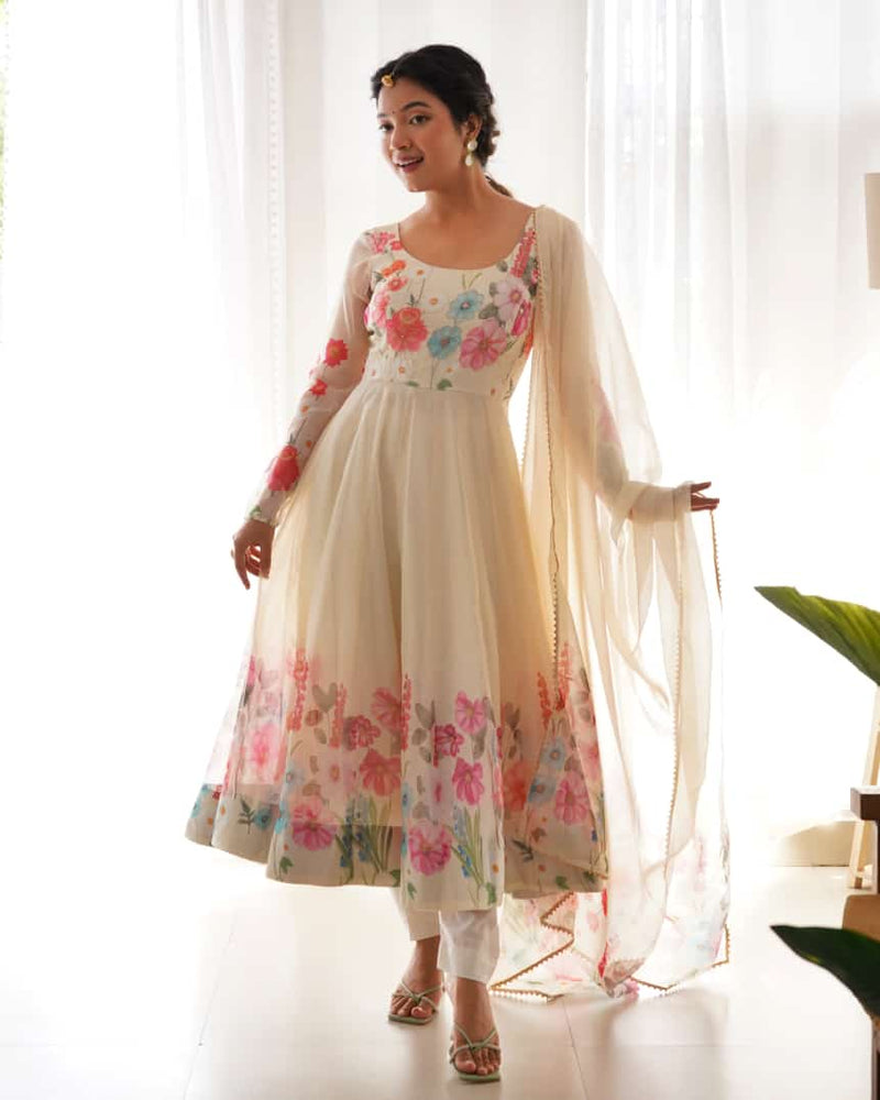 White Floral Anarkali suit With Dupatta