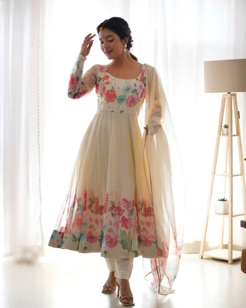 White Floral Anarkali suit With Dupatta