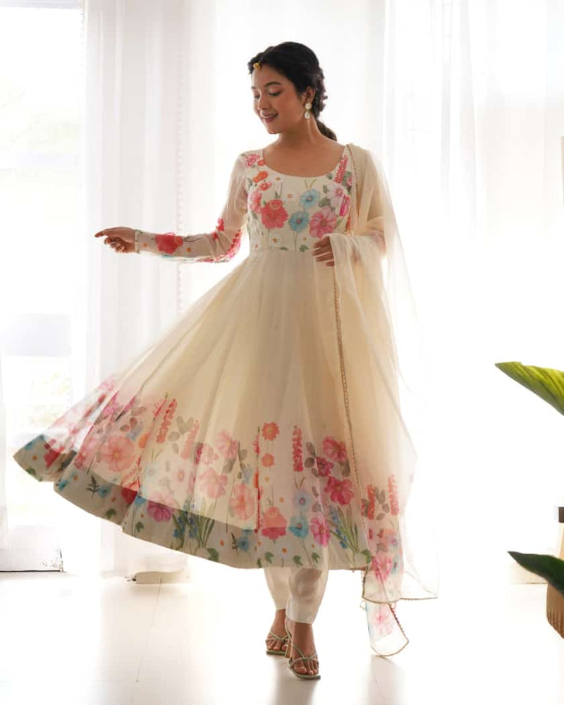 White Floral Anarkali suit With Dupatta