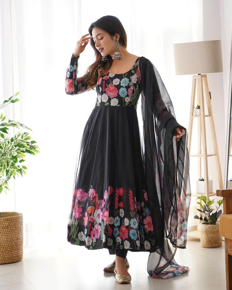 Black Floral Anarkali suit With Dupatta