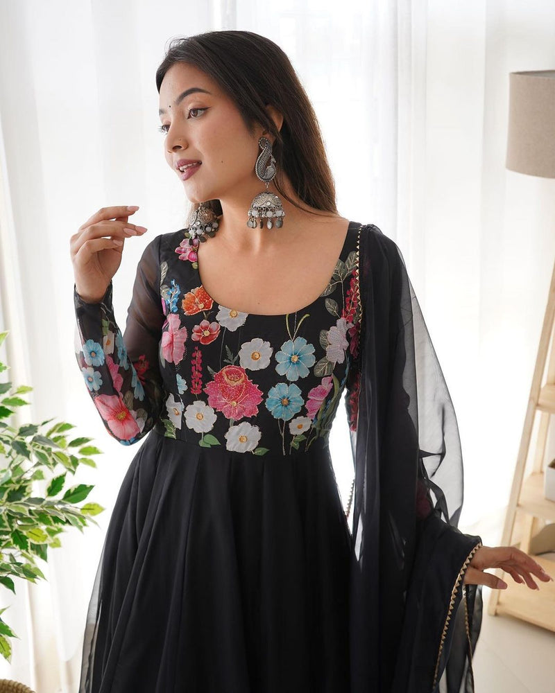 Black Floral Anarkali suit With Dupatta