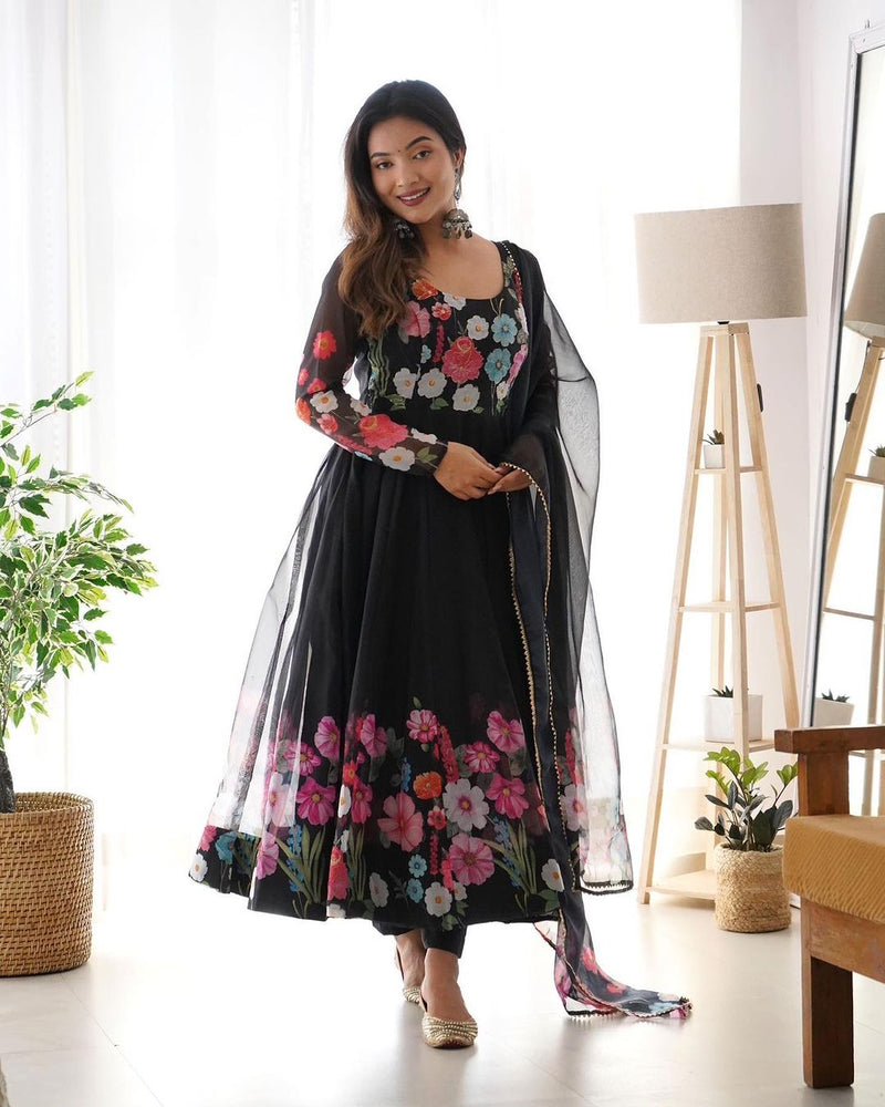 Black Floral Anarkali suit With Dupatta