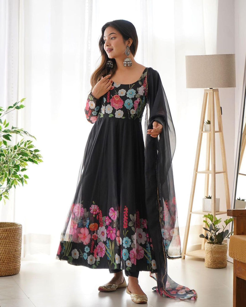 Black Floral Anarkali suit With Dupatta