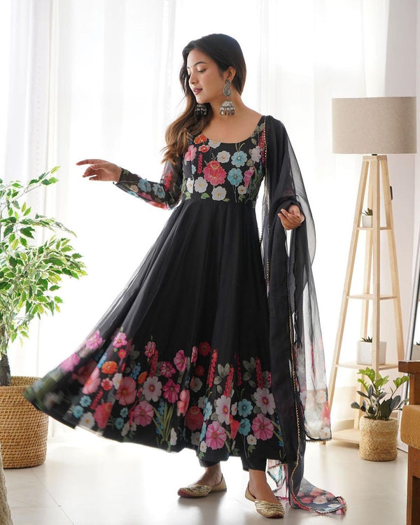 Black Floral Anarkali suit With Dupatta