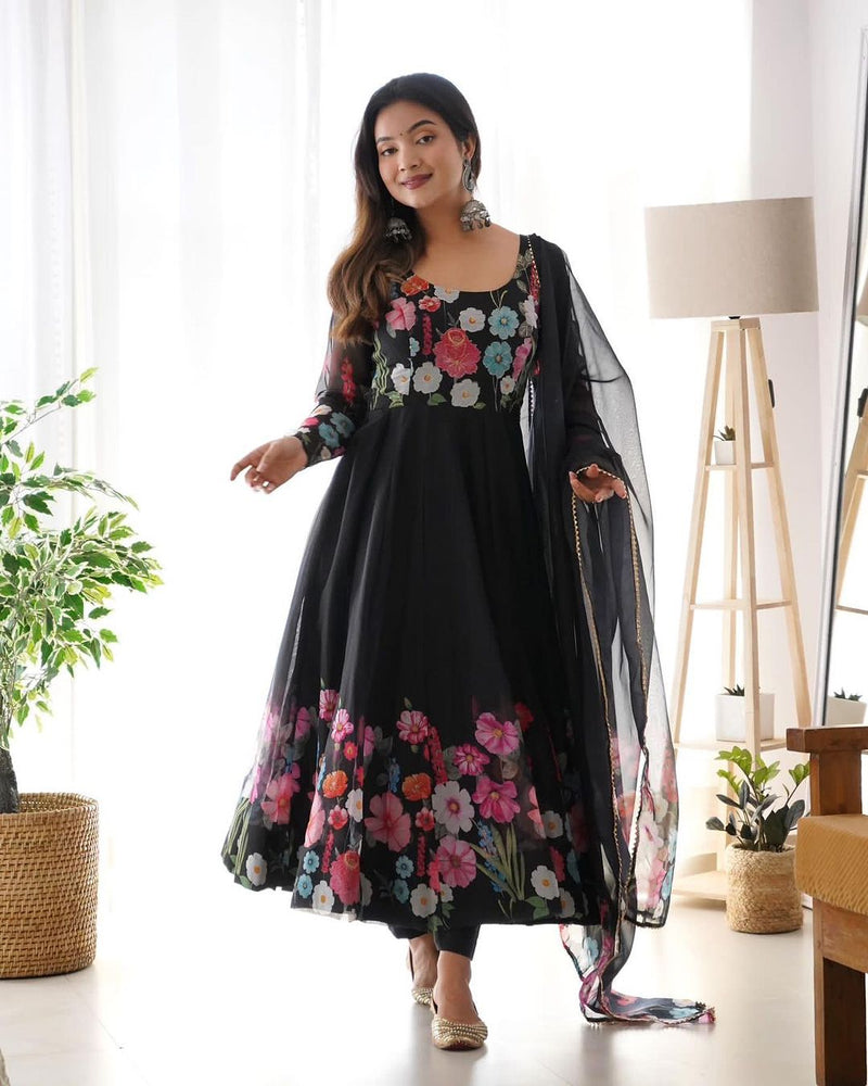 Black Floral Anarkali suit With Dupatta