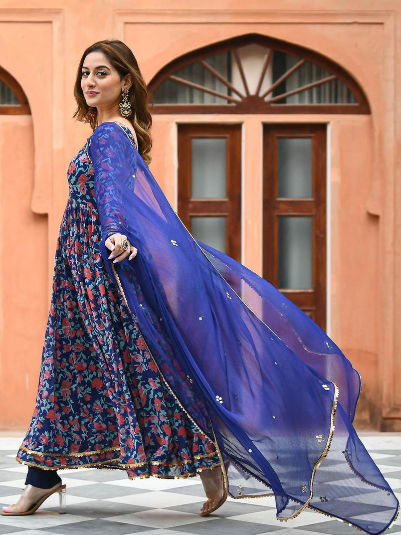 BLUE FLORAL ANARKALI SUIT WITH DUPATTA