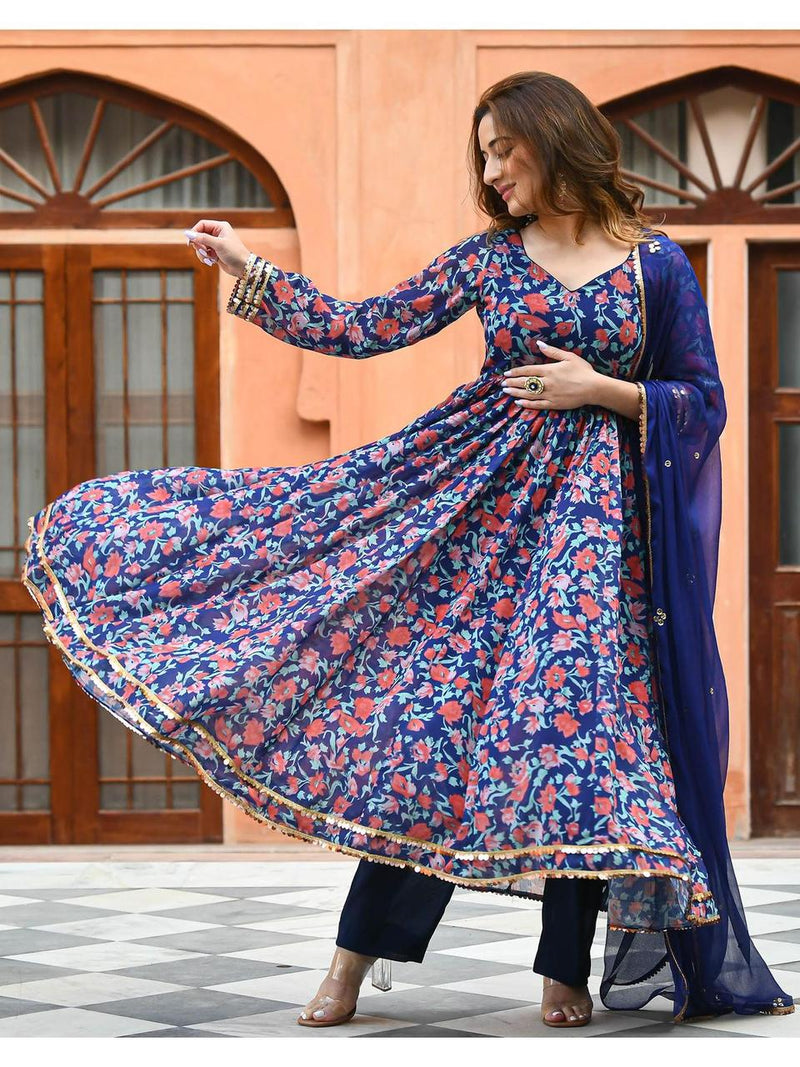 BLUE FLORAL ANARKALI SUIT WITH DUPATTA