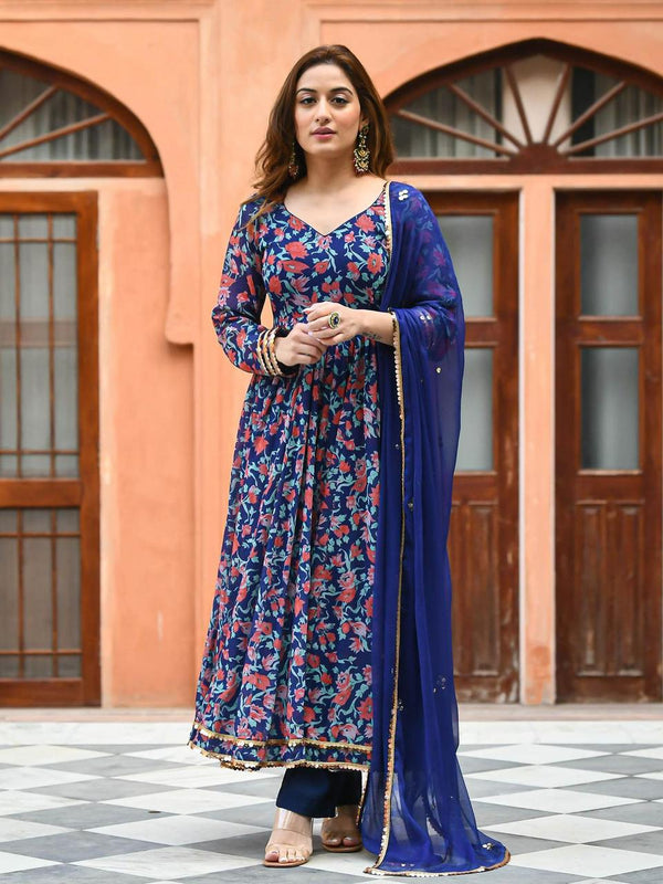 BLUE FLORAL ANARKALI SUIT WITH DUPATTA