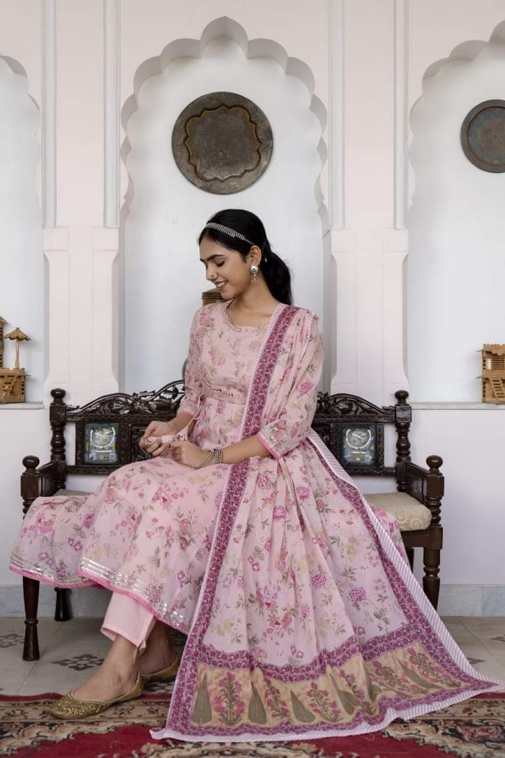 Beautiful Soft Cotton Anarkali Suit Set with Dupatta