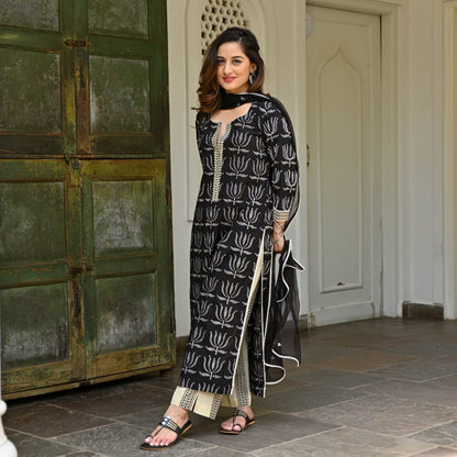 Black Printed Scalloping and Beed Suit Set with Dupatta