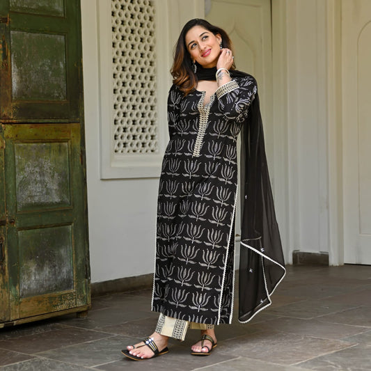 Black Printed Scalloping and Beed Suit Set with Dupatta