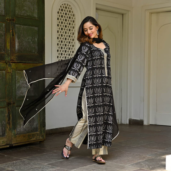 Black Printed Scalloping and Beed Suit Set with Dupatta