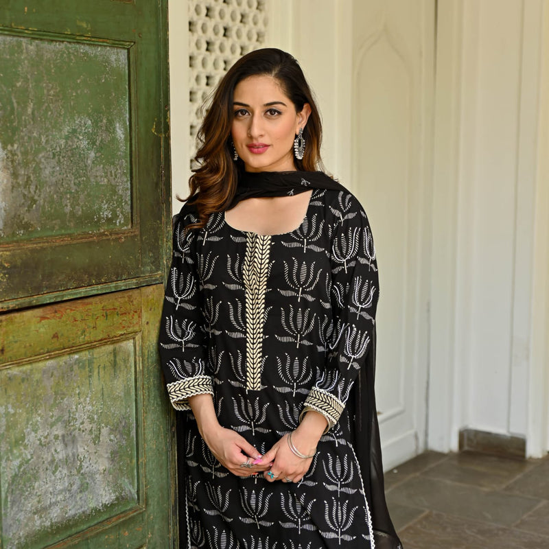 Black Printed Scalloping and Beed Suit Set with Dupatta