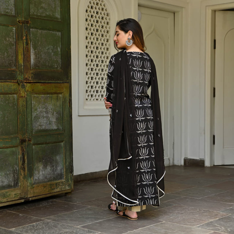 Black Printed Scalloping and Beed Suit Set with Dupatta