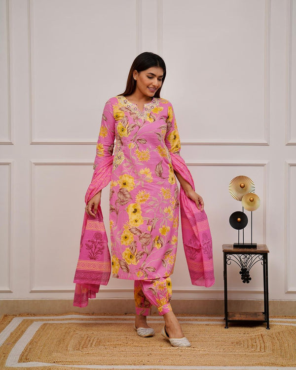 Designer Pink Taz Fabric Embroidery Suit with Dupatta