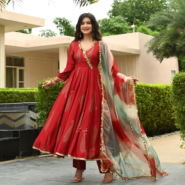 Anarkali Red printed Suit Set With Dupatta