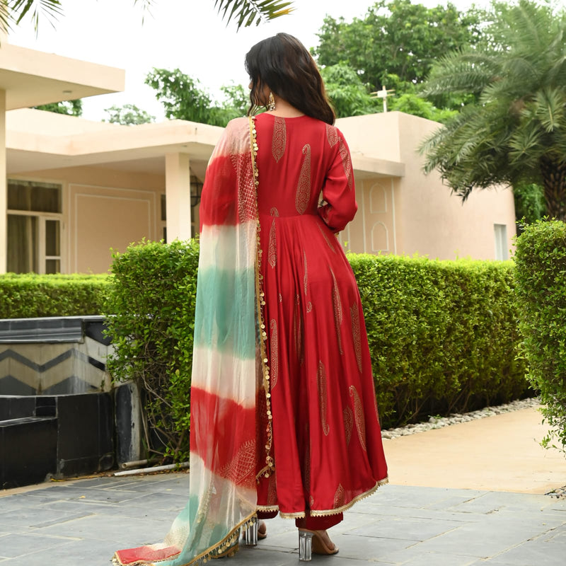 Anarkali Red printed Suit Set With Dupatta