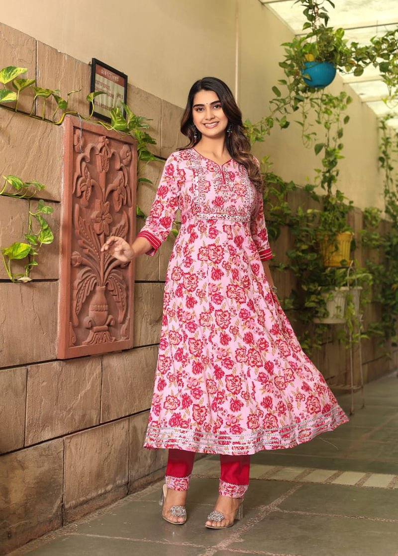 Anarkali Floral Pink premium Suit Set With Dupatta