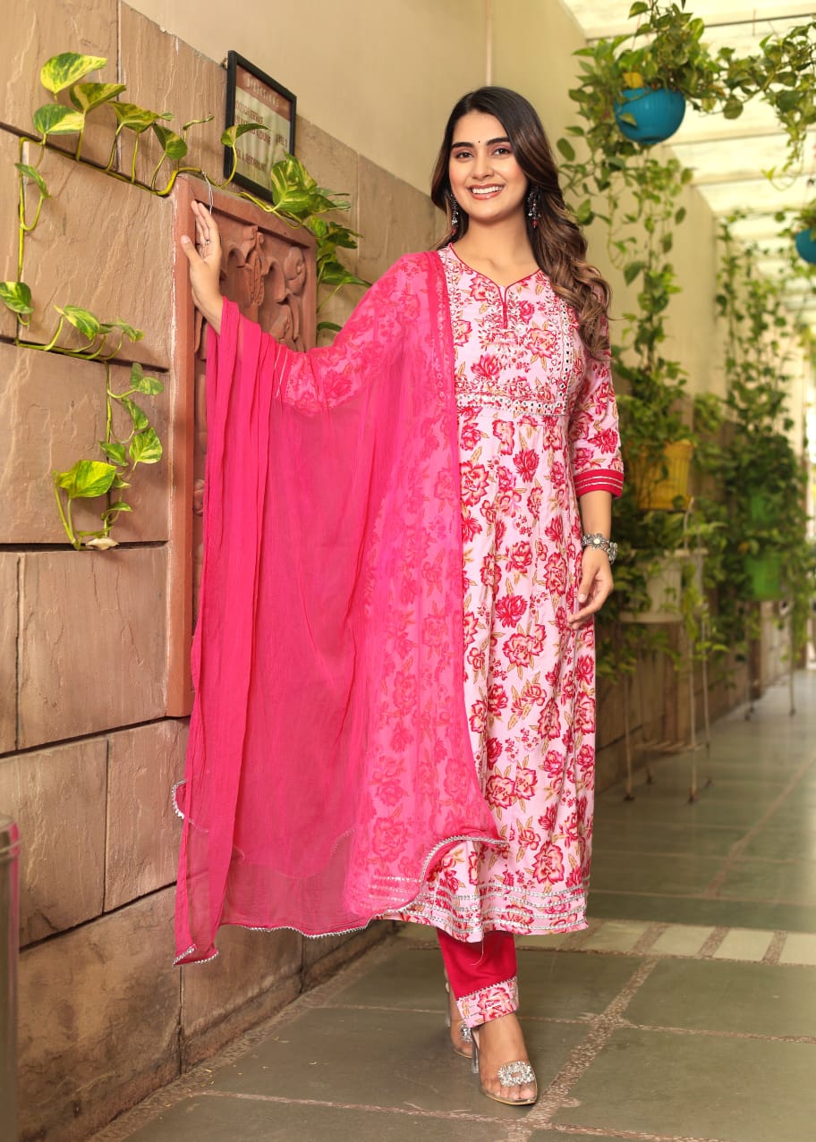 Anarkali Floral Pink premium Suit Set With Dupatta