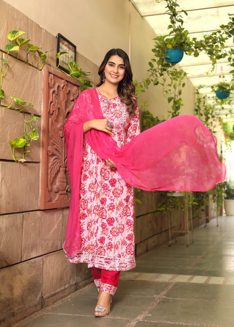 Anarkali Floral Pink premium Suit Set With Dupatta