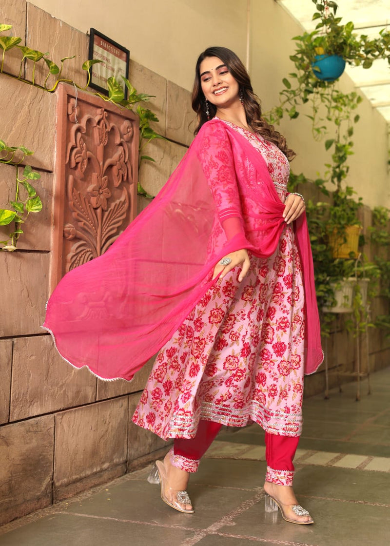 Anarkali Floral Pink premium Suit Set With Dupatta