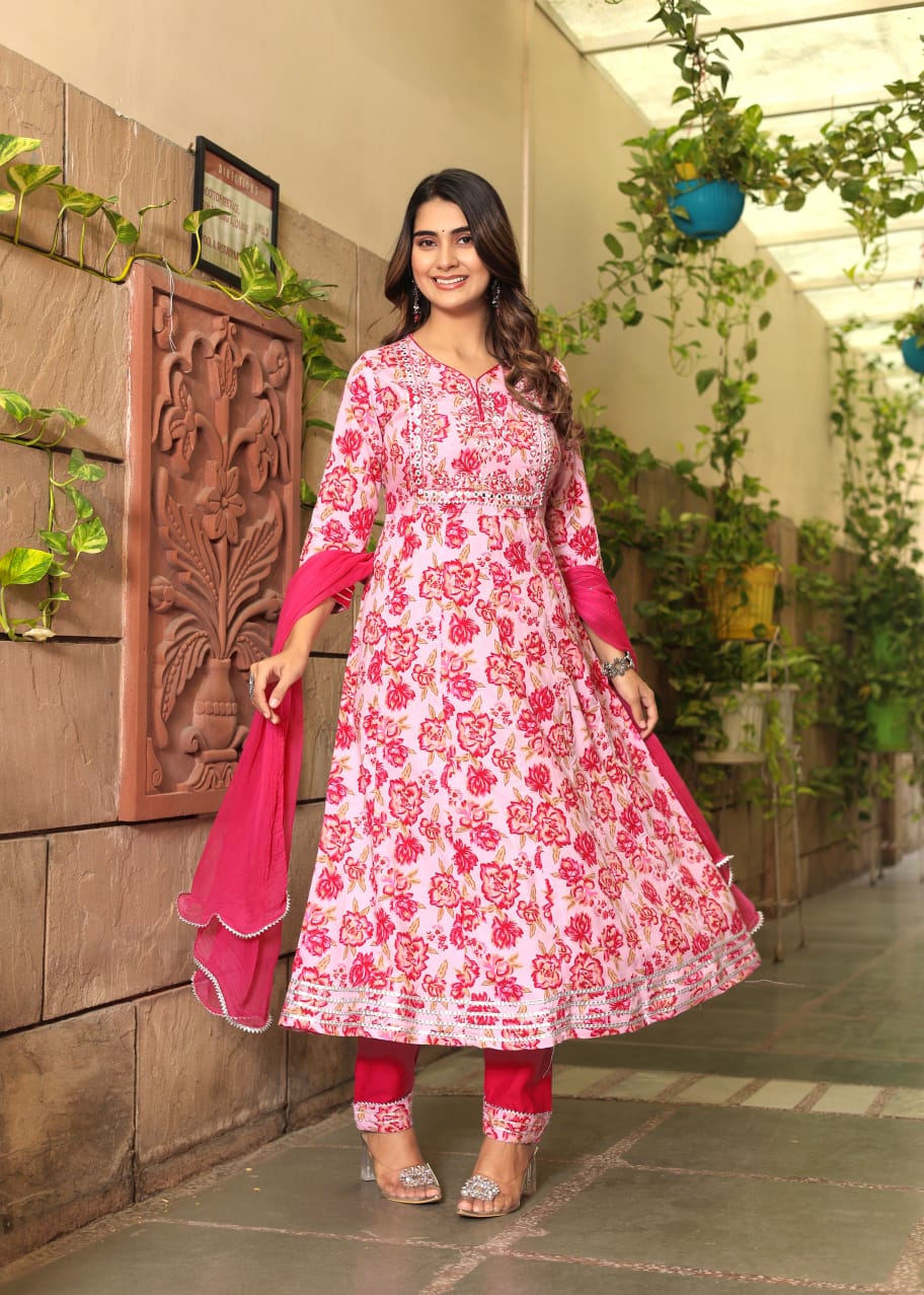 Anarkali Floral Pink premium Suit Set With Dupatta