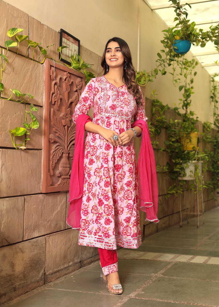 Anarkali Floral Pink premium Suit Set With Dupatta