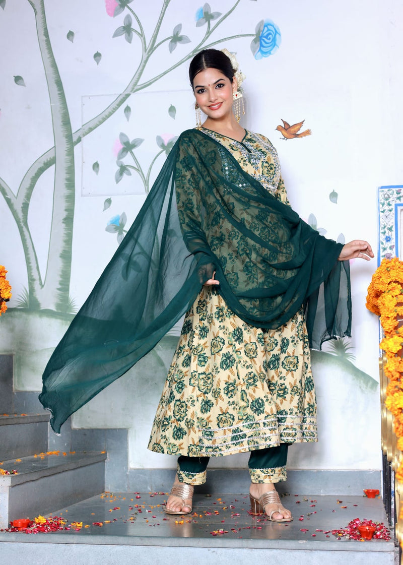 Anarkali Floral Green premium Suit Set With Dupatta