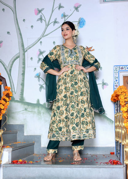 Anarkali Floral Green premium Suit Set With Dupatta