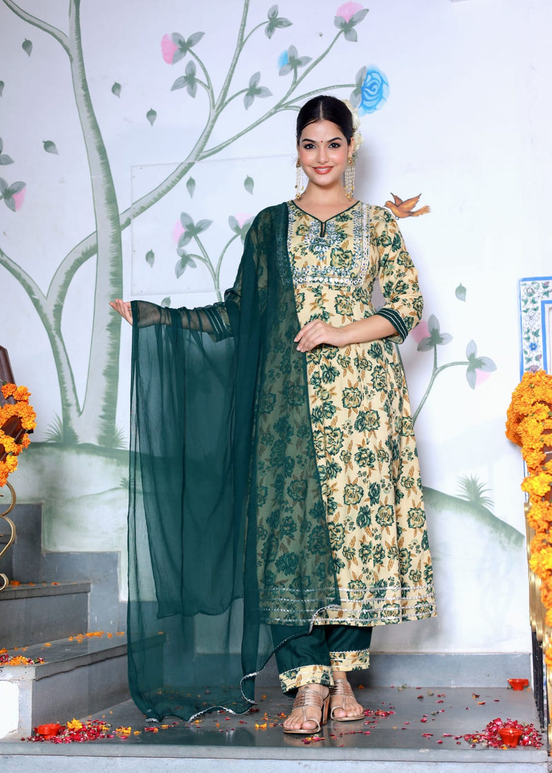 Anarkali Floral Green premium Suit Set With Dupatta