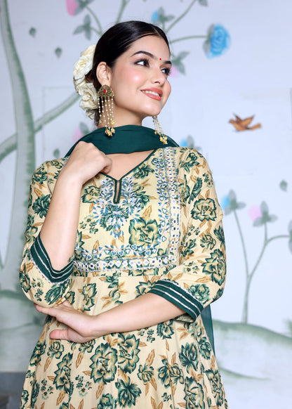 Anarkali Floral Green premium Suit Set With Dupatta