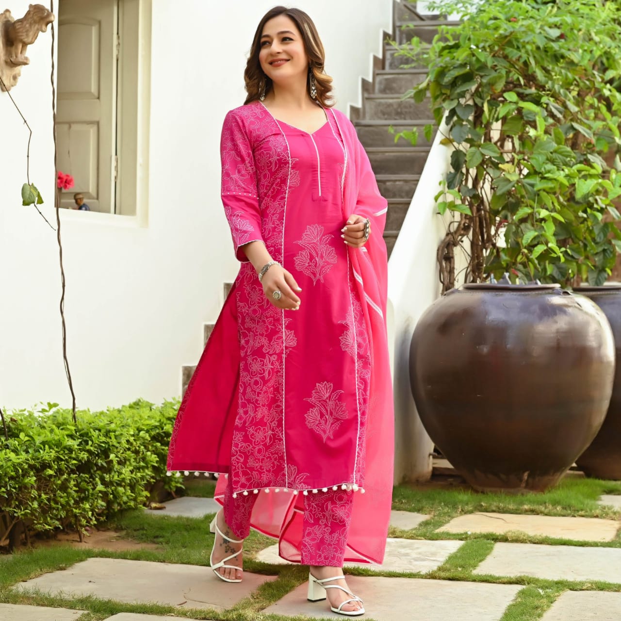 Royal Floral Pink Printed Suit Set With Dupatta