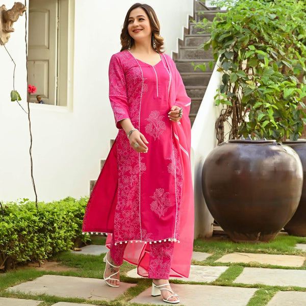 Royal Floral Pink Printed Suit Set With Dupatta