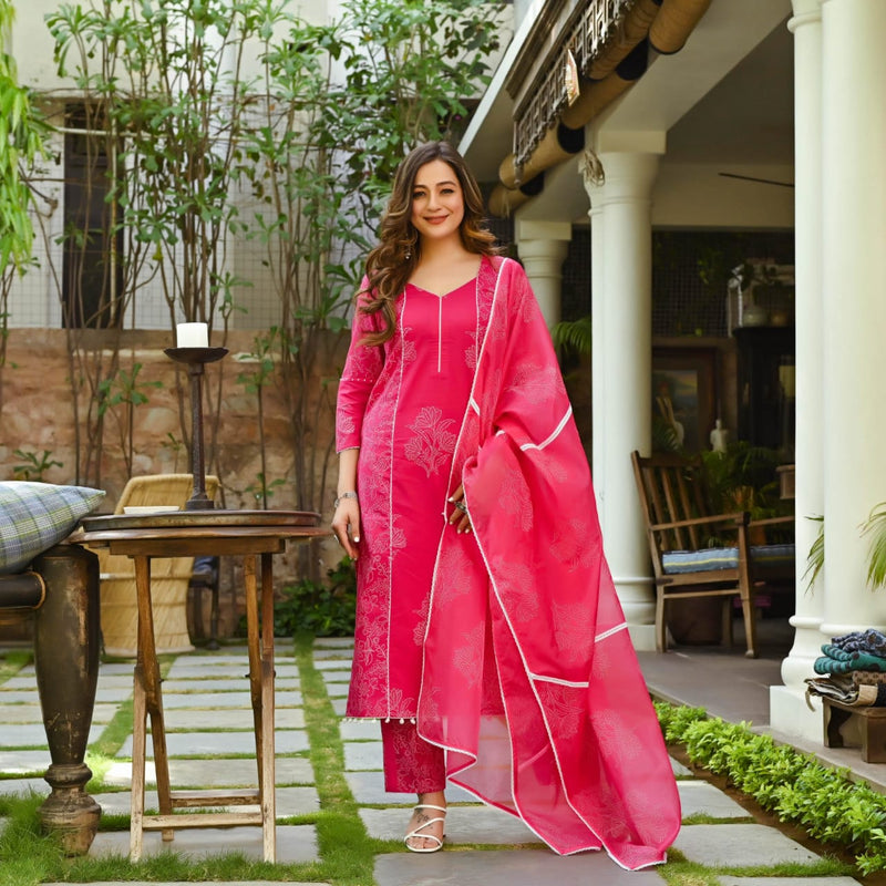 Royal Floral Pink Printed Suit Set With Dupatta