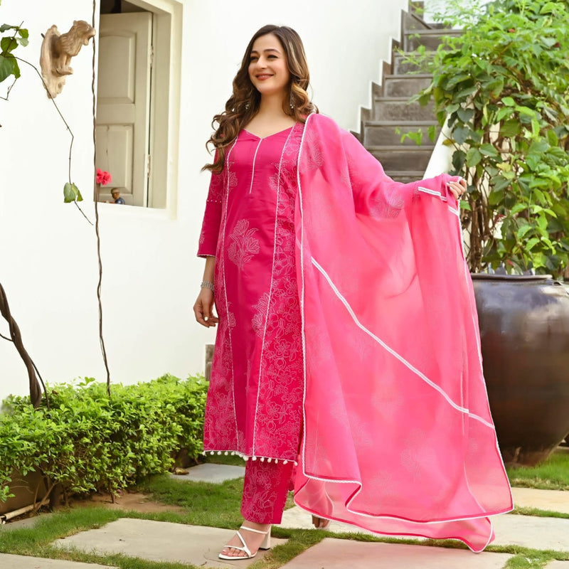 Royal Floral Pink Printed Suit Set With Dupatta