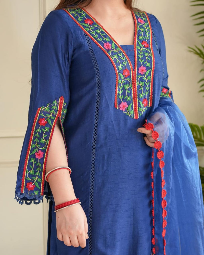 Peacock Printed Embroidery Suit Set With Dupatta