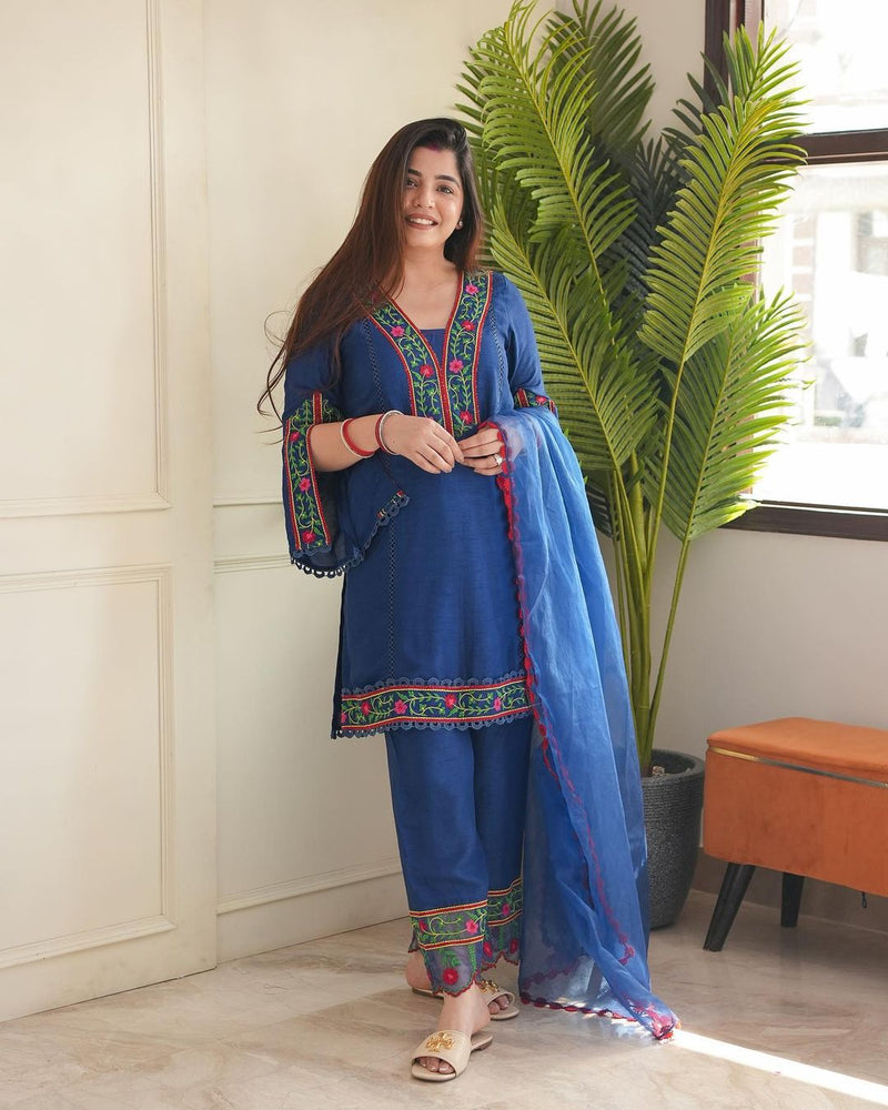 Peacock Printed Embroidery Suit Set With Dupatta