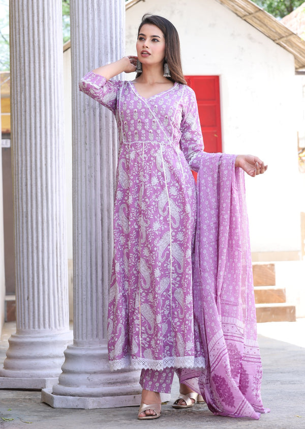 Elegant Purple Prosen Suit Set With Dupatta