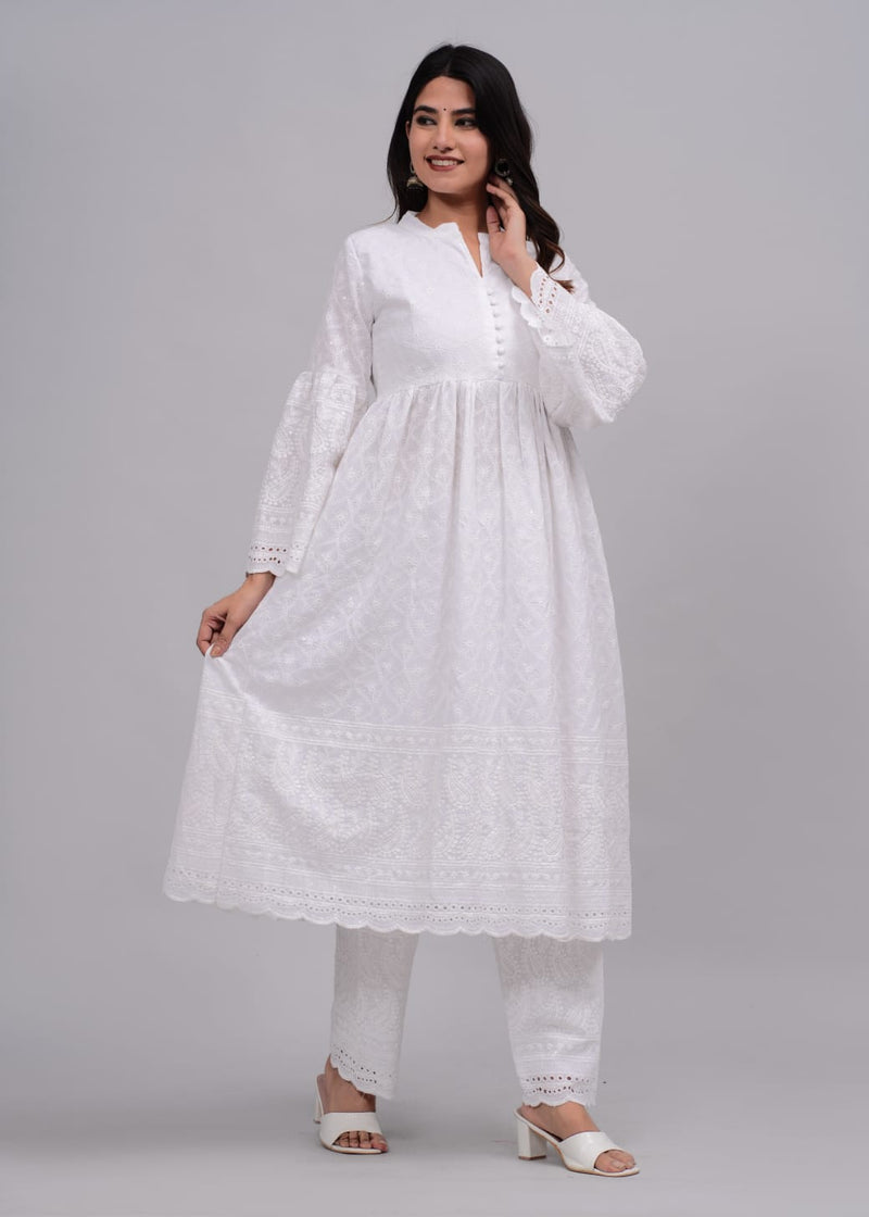 White Lucknowi Chikankari Suit Set With Dupatta